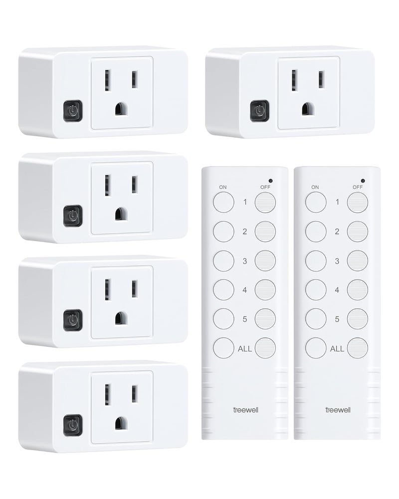 treewell Wireless Remote Control Outlet, 200FT Long Range Remote Light Switch, Mini Remote Outlet Plug, 15A/1875W High-Power for Lamps, Lights, Household Appliances, FCC & ETL Listed (5 Outlets + 2 Remotes) - Image 1